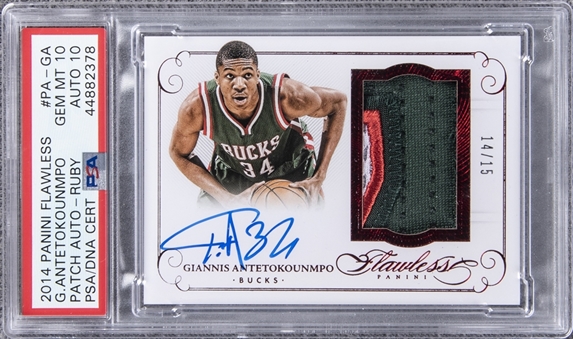 2014-15 Panini Flawless #PA-GA Giannis Antetokounmpo Signed Game Used Patch Card (#14/15) – PSA GEM MT 10, PSA/DNA 10 "1 of 1!"